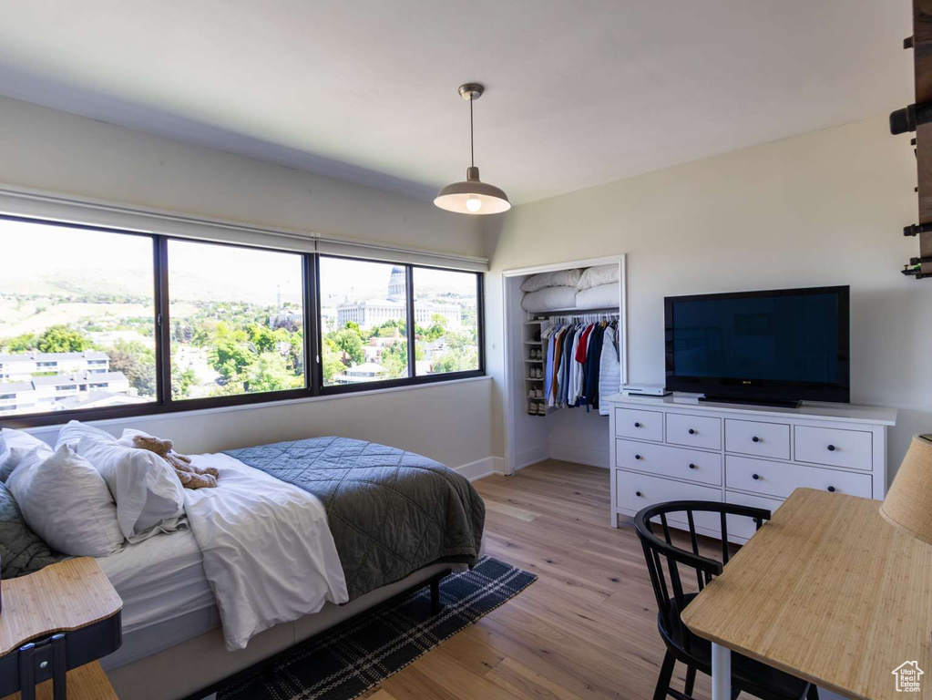 Bedroom with light wood-style flooring, baseboards, and a closet