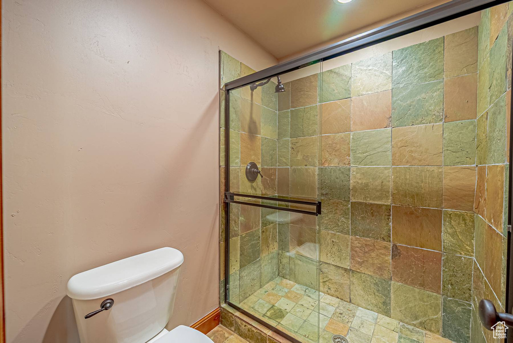 Full bathroom with toilet and a stall shower