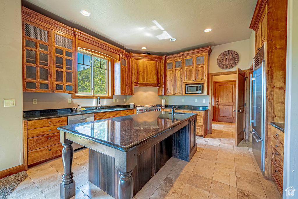 Kitchen with appliances with stainless steel finishes, a sink, an island with sink, dark stone countertops, and glass insert cabinets