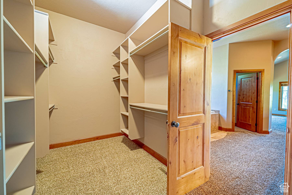 Spacious closet with carpet flooring and arched walkways