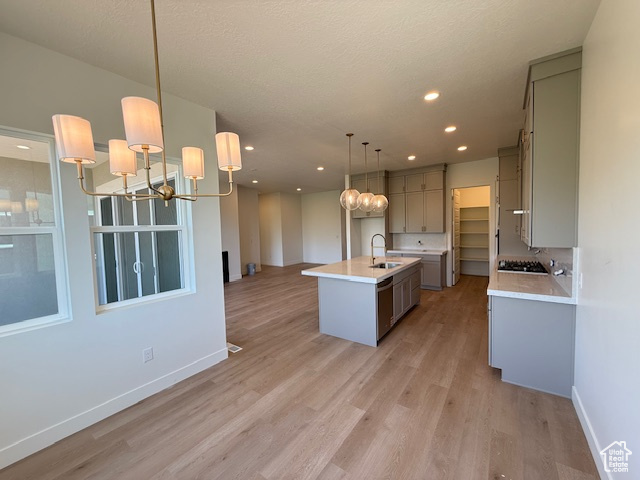 Kitchen with gray cabinets, a sink, light wood-type flooring, baseboards, and a kitchen island with sink