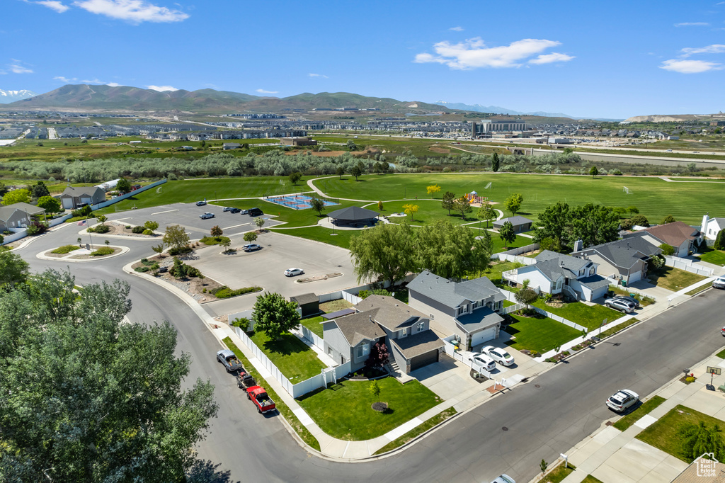 Drone / aerial view of a mountainous background