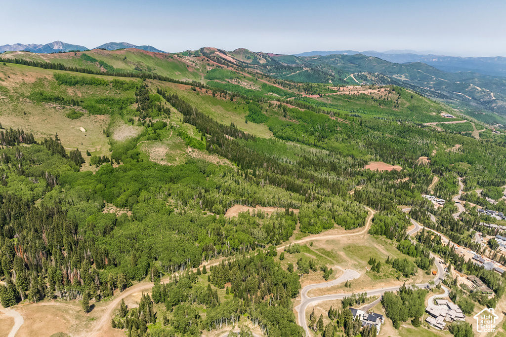 Expansive mountain landscape featuring varied tree cover, winding roads, and residential structures integrated into the natural topography