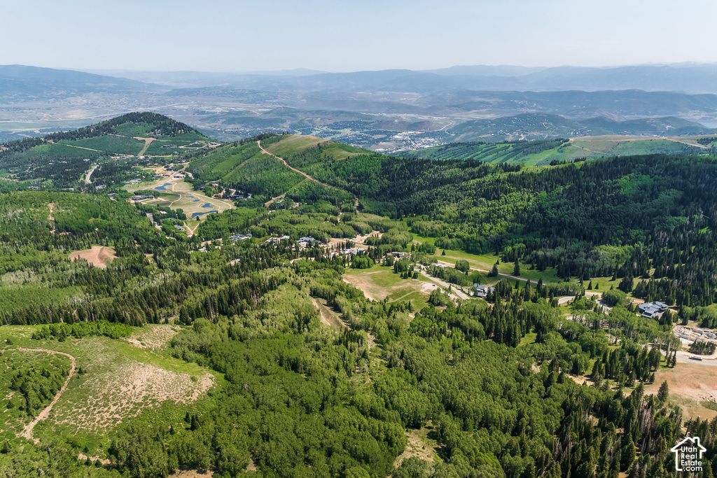 Expansive aerial mountain landscape featuring varied terrain with a mix of dense forest and open clearings