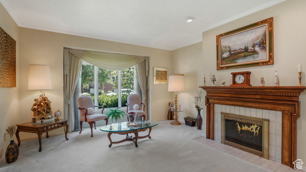 Living area with carpet, crown molding, baseboards, and a tiled fireplace