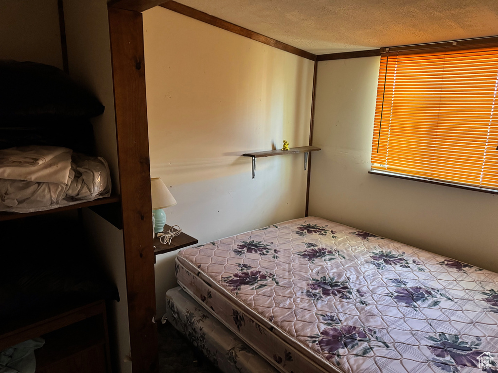 Bedroom with a textured ceiling