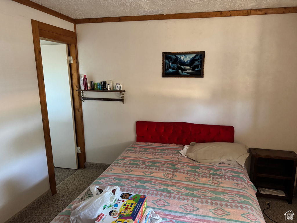Bedroom with carpet floors and a textured ceiling