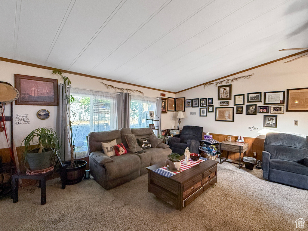 Carpeted living area with ornamental molding, ceiling fan, and lofted ceiling