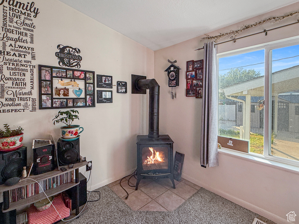 Detailed view of a wood stove and carpet floors