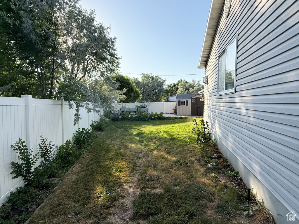 Fenced backyard with a shed