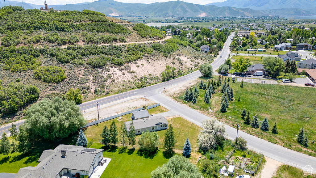 Aerial perspective of suburban area featuring mountains