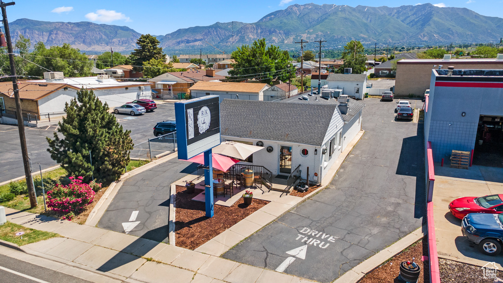 Aerial perspective of suburban area featuring mountains