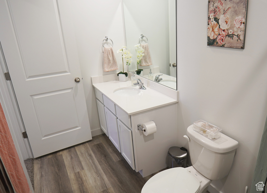 Bathroom with wood finished floors, vanity, and toilet