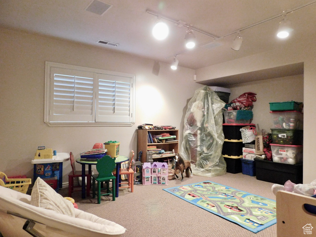 Game room with rail lighting and carpet floors