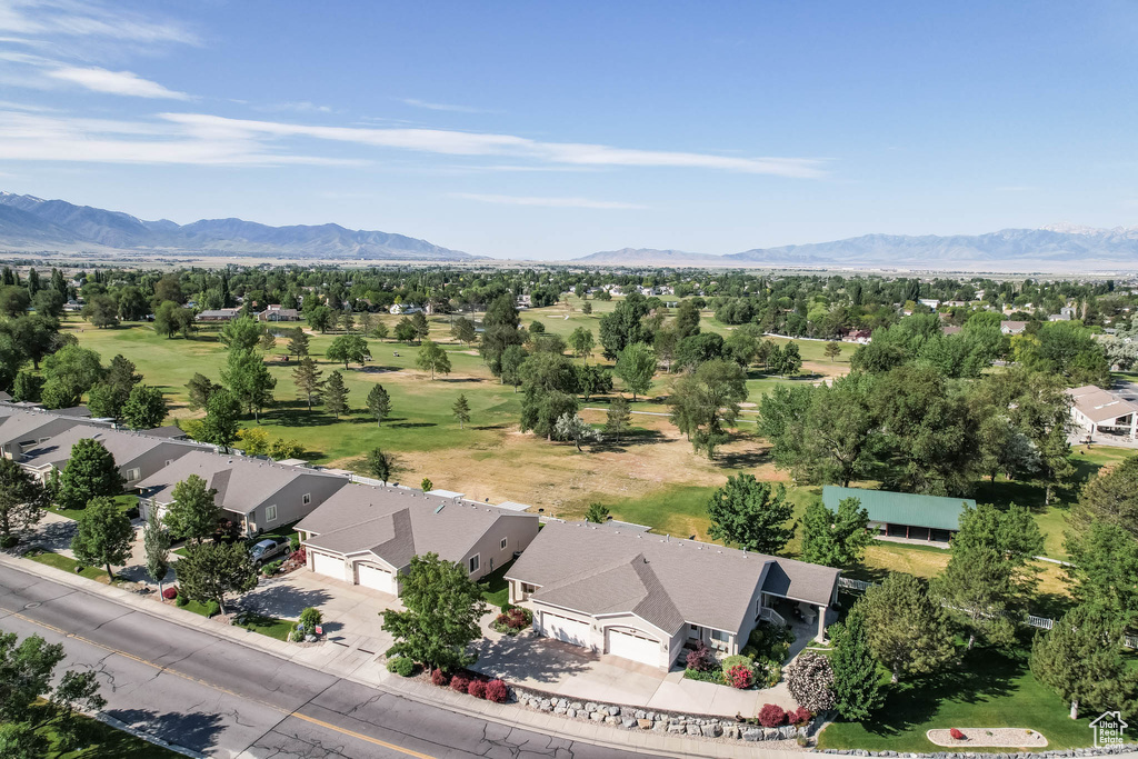 Aerial perspective of suburban area with mountains