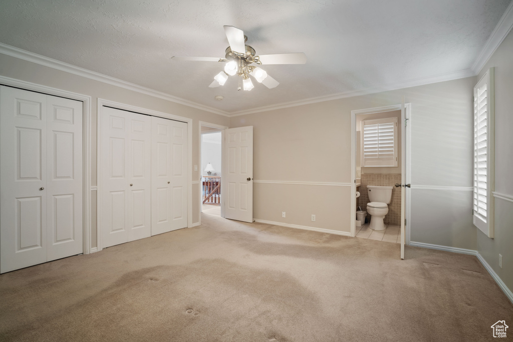 Unfurnished bedroom with two closets, multiple windows, carpet flooring, baseboards, and ornamental molding