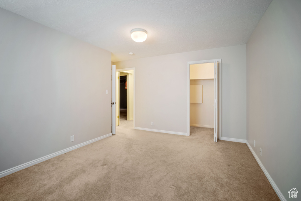 Unfurnished bedroom featuring light colored carpet, a spacious closet, and baseboards