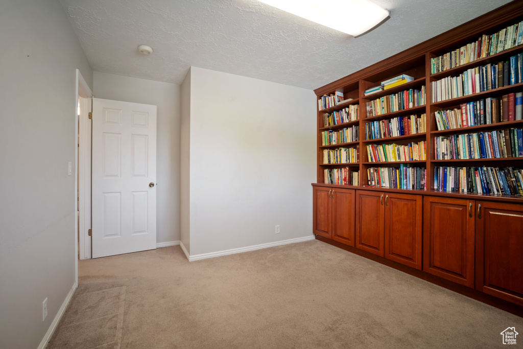 Empty room with light carpet, baseboards, a smoke detector, and a textured ceiling