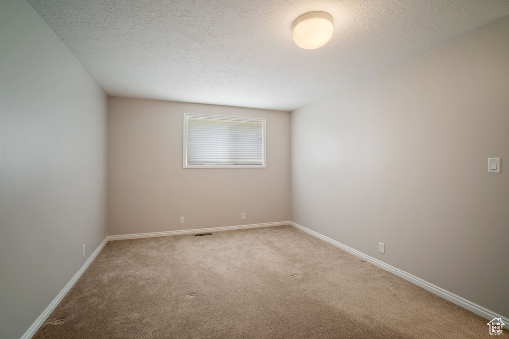 Spare room featuring carpet, baseboards, and a textured ceiling