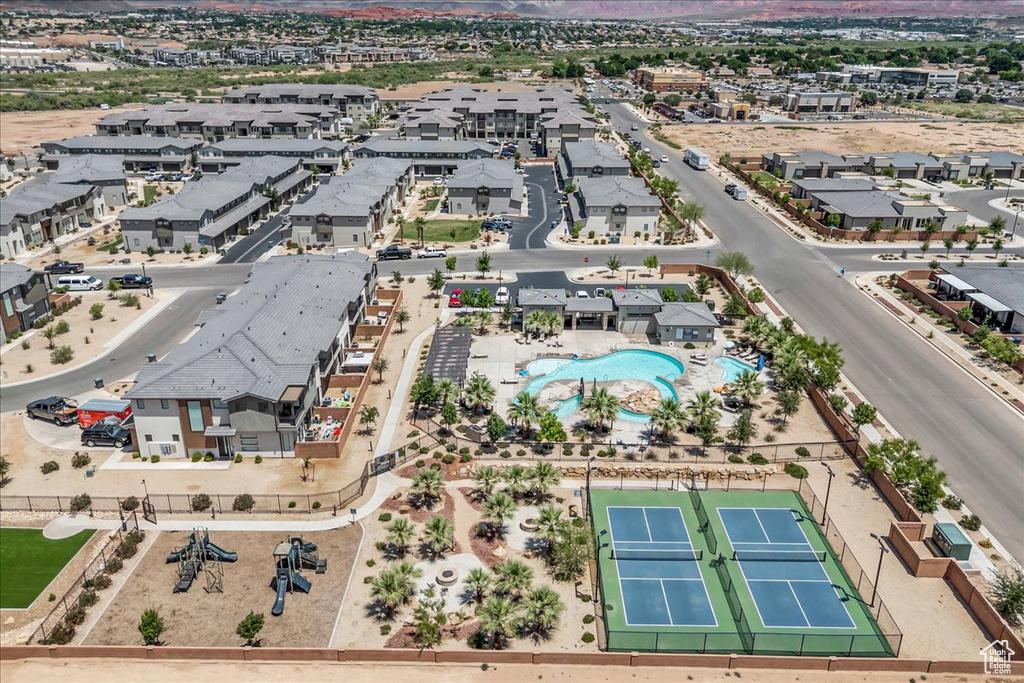 Drone / aerial view of a pool area