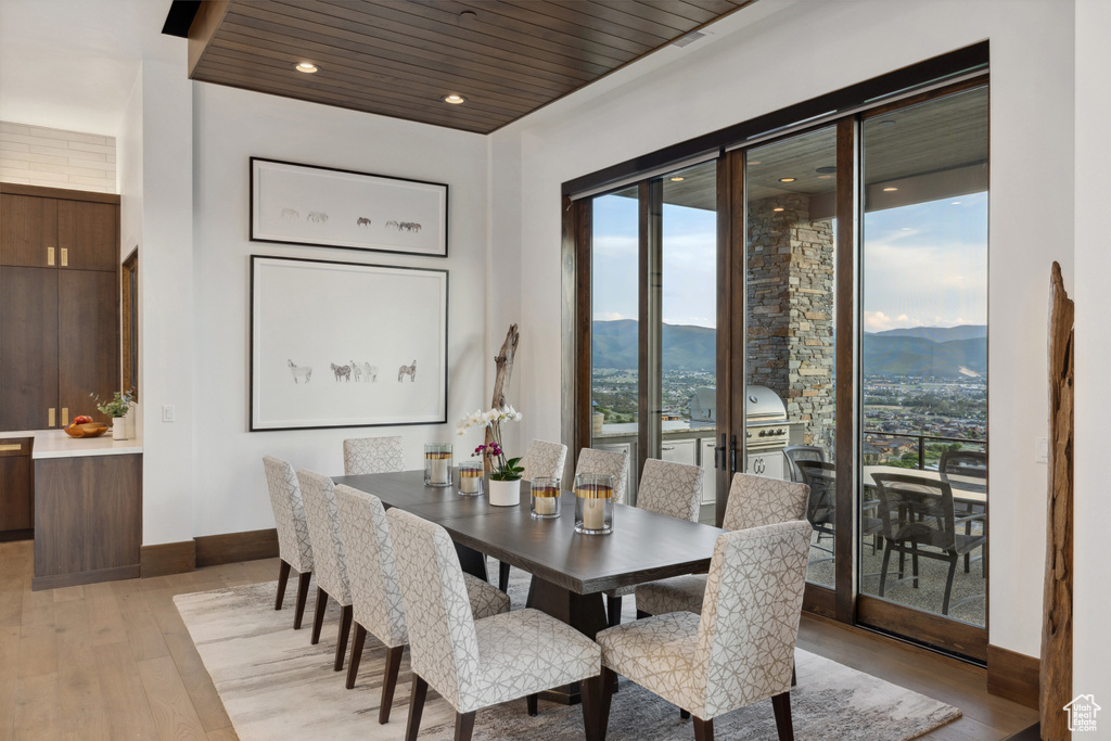 Dining area with light wood-style floors, plenty of natural light, a mountain view, and baseboards