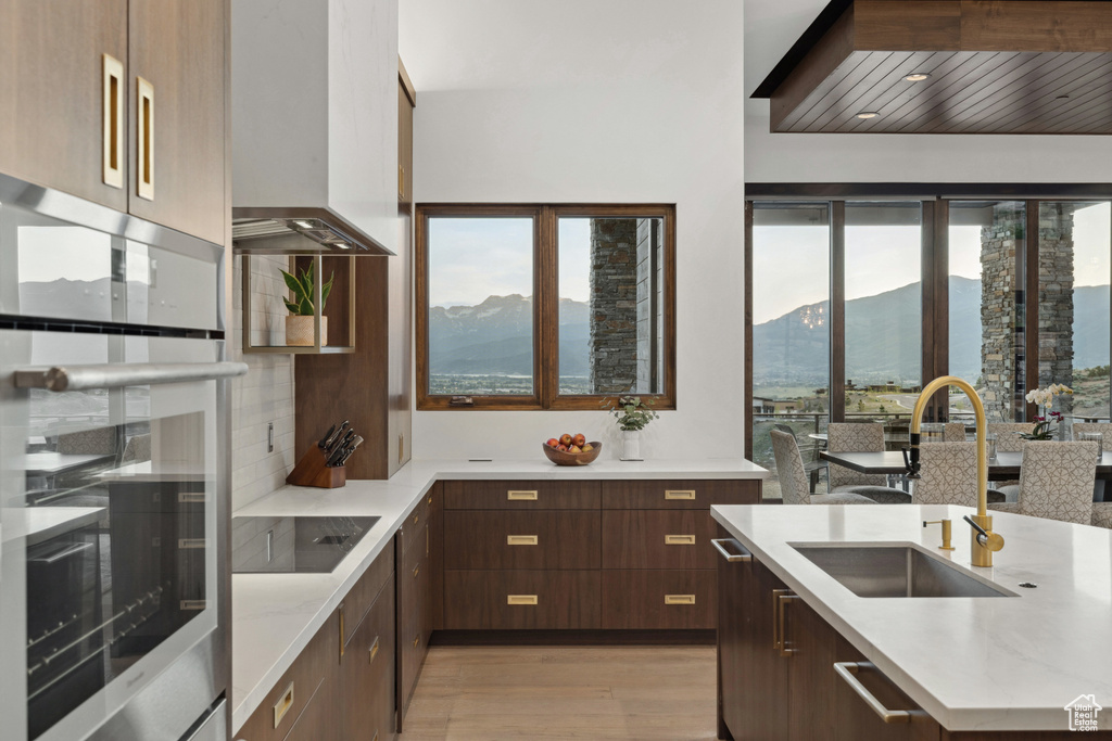 Kitchen with a sink, black electric cooktop, island exhaust hood, light wood-type flooring, and plenty of natural light