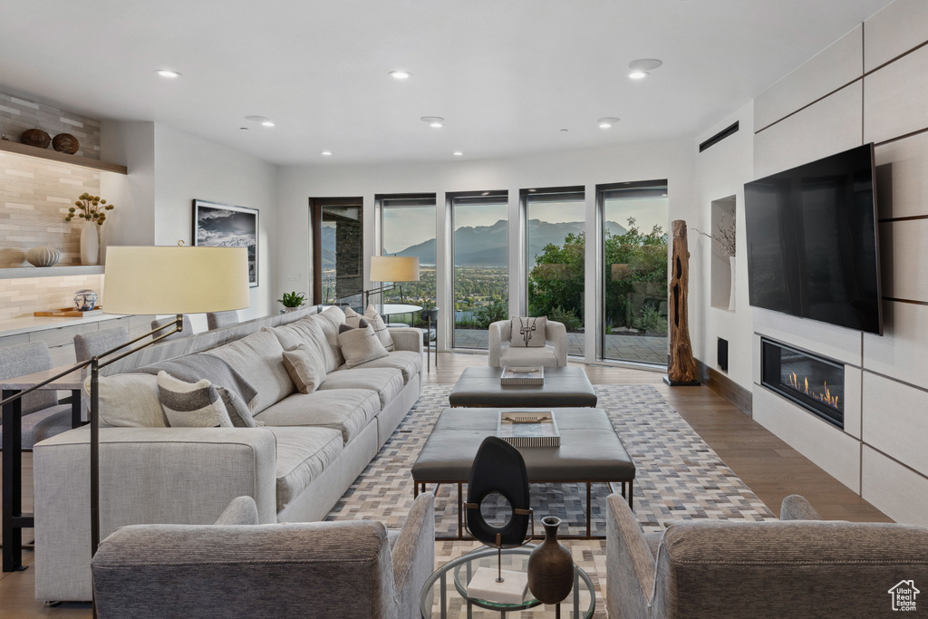 Living room featuring wood finished floors, a glass covered fireplace, and recessed lighting