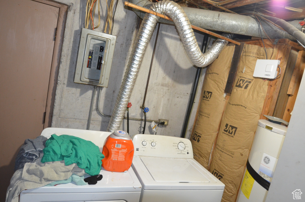 Washroom featuring separate washer and dryer, electric panel, and water heater
