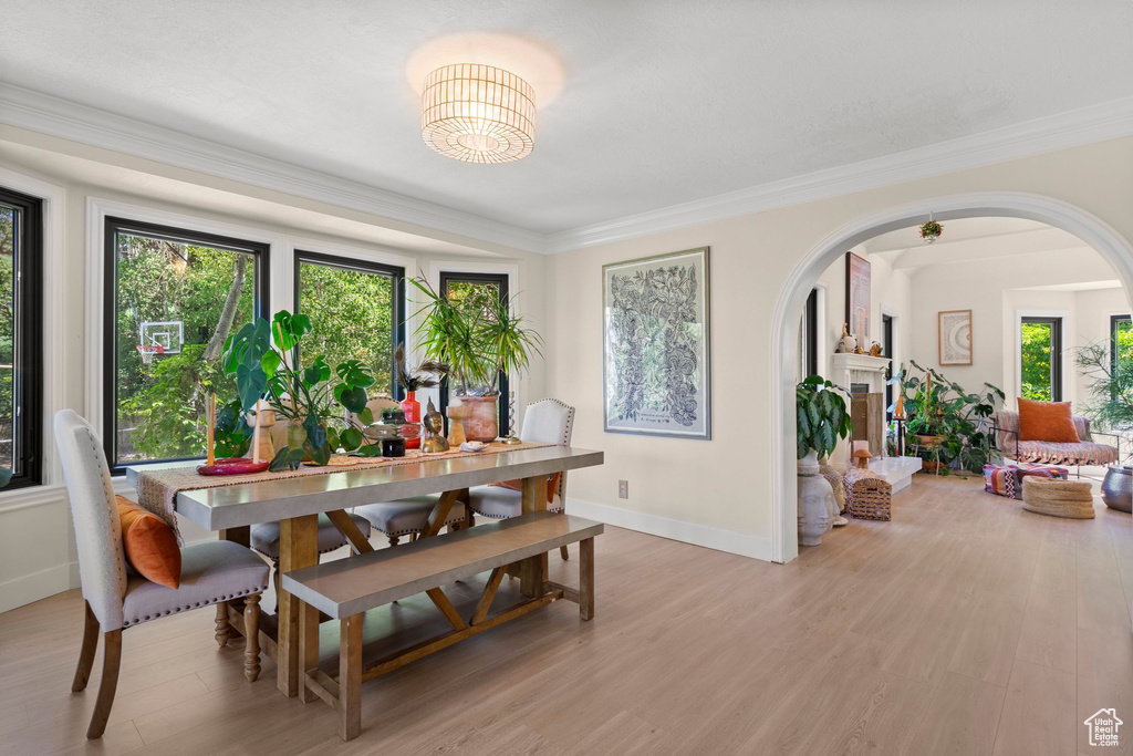 Dining room with arched walkways, light wood-style floors, crown molding, baseboards, and a chandelier