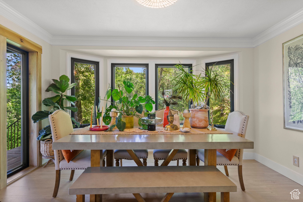 Dining area featuring baseboards, crown molding, and light wood finished floors