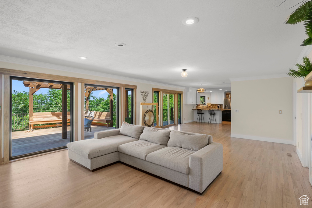 Living area featuring healthy amount of natural light, crown molding, baseboards, light wood-type flooring, and recessed lighting