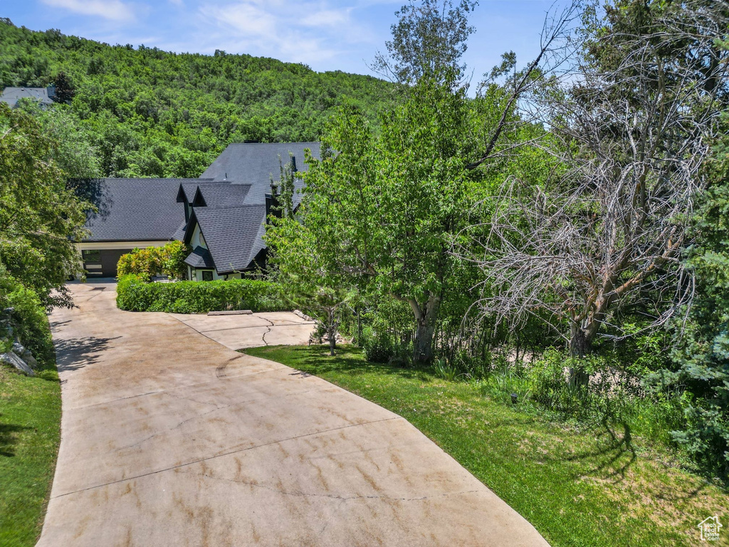 View from above of property with a forest
