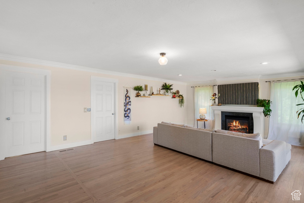 Living area featuring ornamental molding, a glass covered fireplace, wood finished floors, baseboards, and recessed lighting