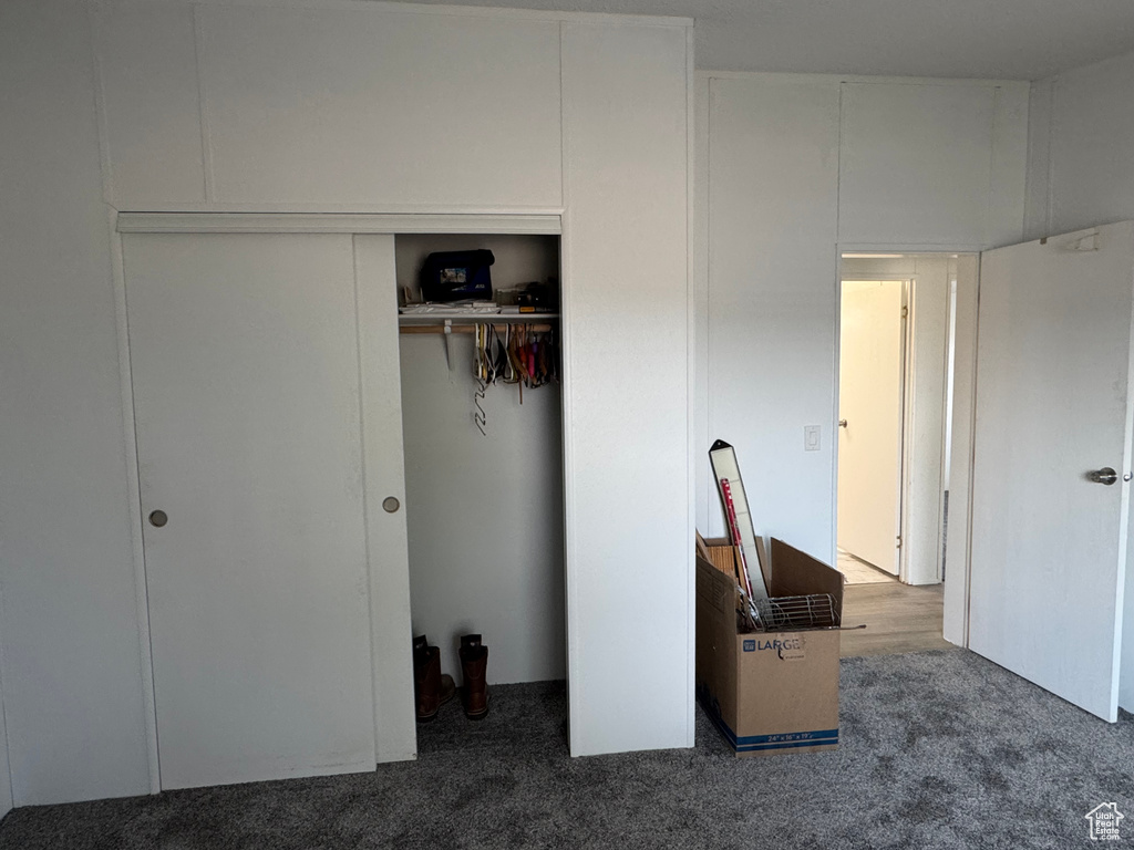 Unfurnished bedroom featuring carpet and a closet