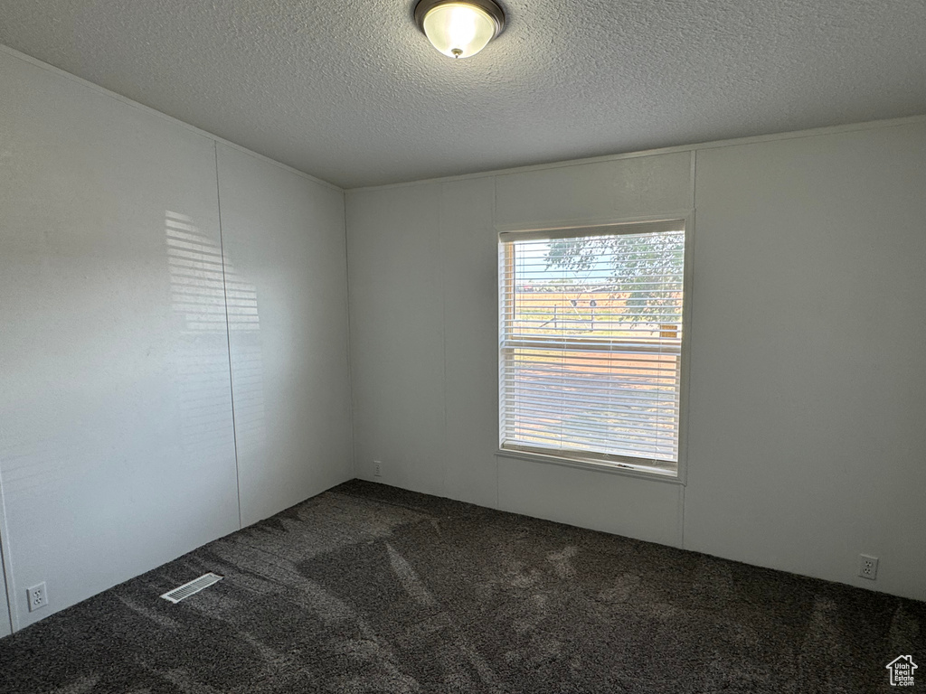 Carpeted empty room featuring a textured ceiling
