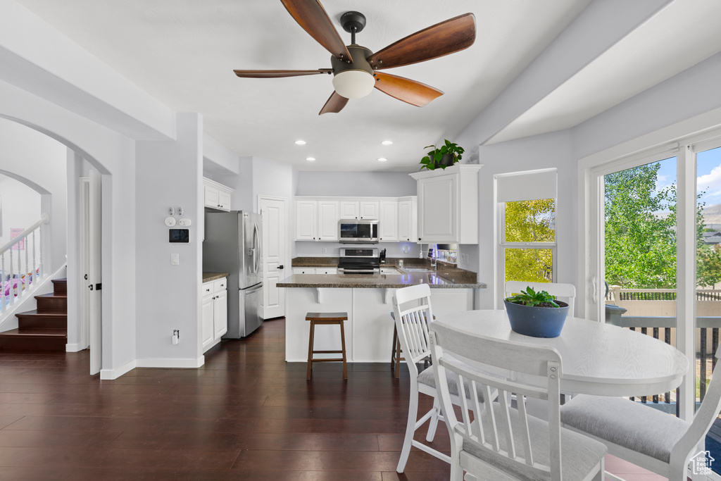 Kitchen with appliances with stainless steel finishes, white cabinetry, recessed lighting, a ceiling fan, and dark wood-type flooring