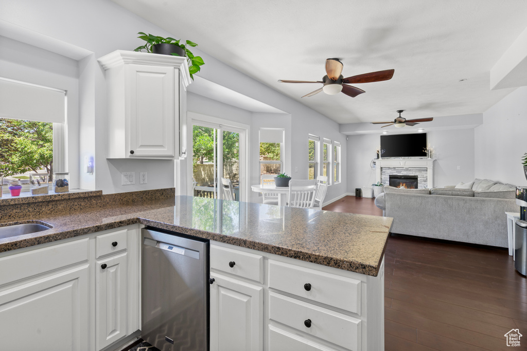 Kitchen with dishwasher, a peninsula, a ceiling fan, a fireplace, and white cabinets