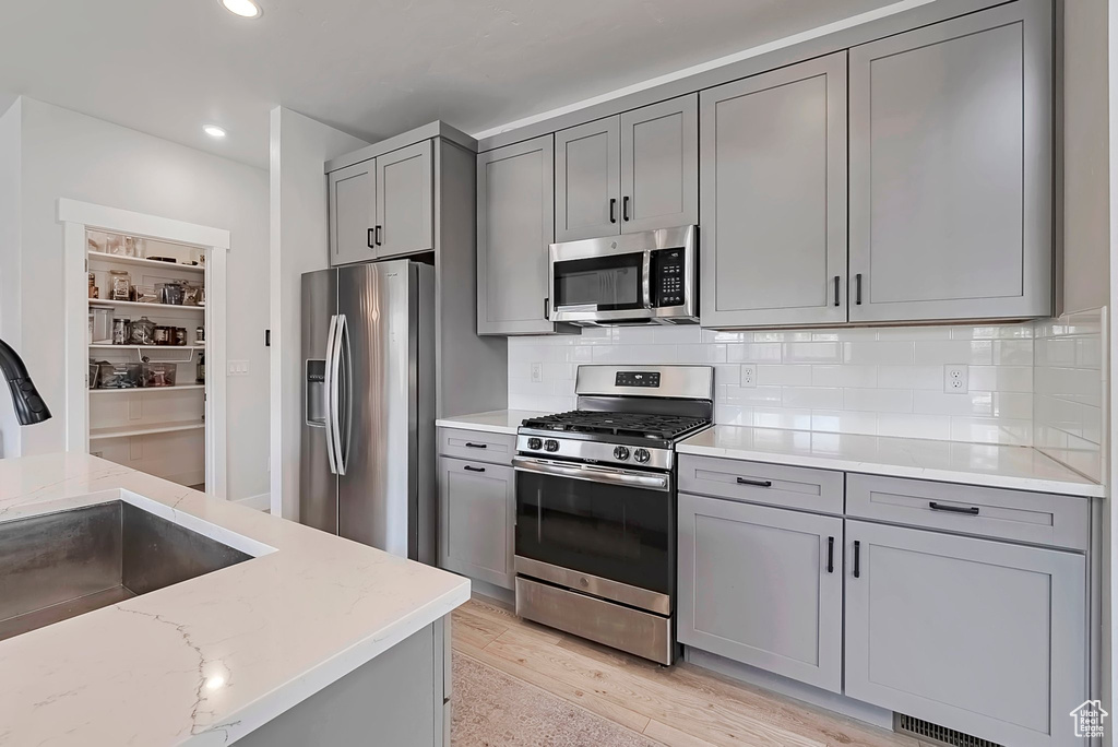 Kitchen with appliances with stainless steel finishes, gray cabinetry, a sink, tasteful backsplash, and recessed lighting