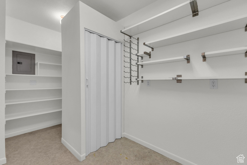 Walk in closet featuring electric panel and light colored carpet