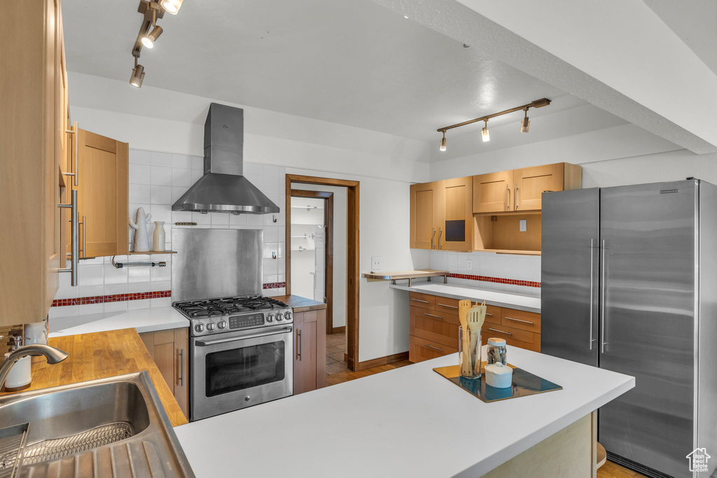 Kitchen featuring stainless steel appliances, wall chimney range hood, rail lighting, and a sink