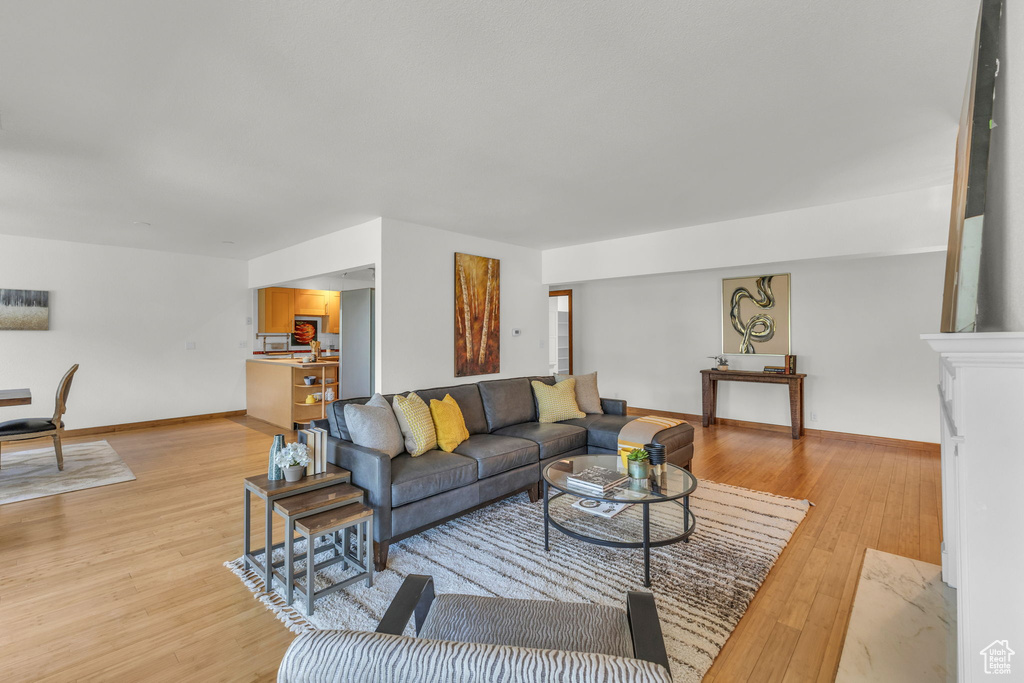 Living area featuring light wood finished floors and baseboards