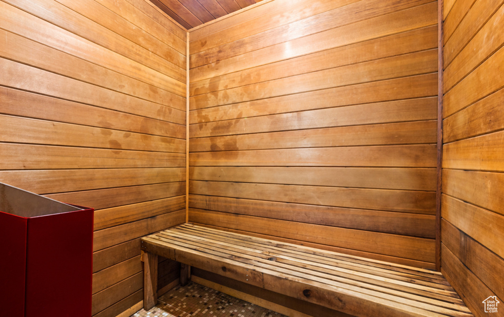Sauna featuring wood walls