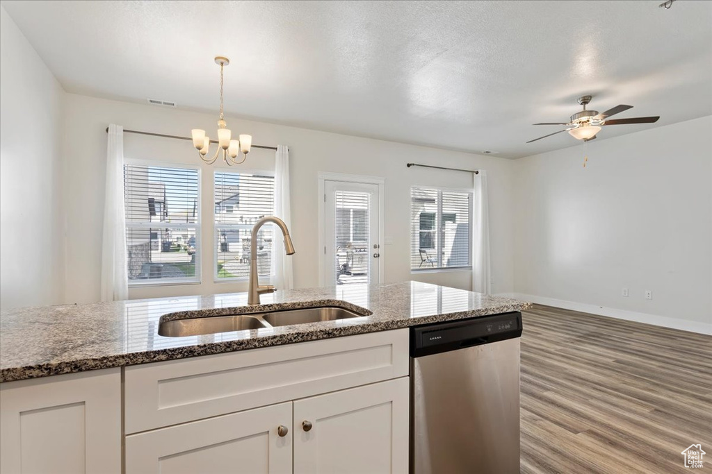 Kitchen featuring stainless steel dishwasher, a sink, a chandelier, wood finished floors, and ceiling fan