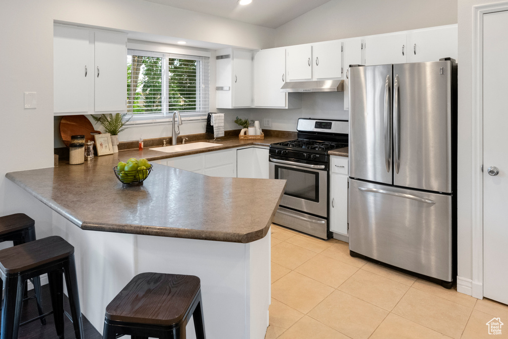 Kitchen featuring appliances with stainless steel finishes, under cabinet range hood, a sink, a peninsula, and dark countertops