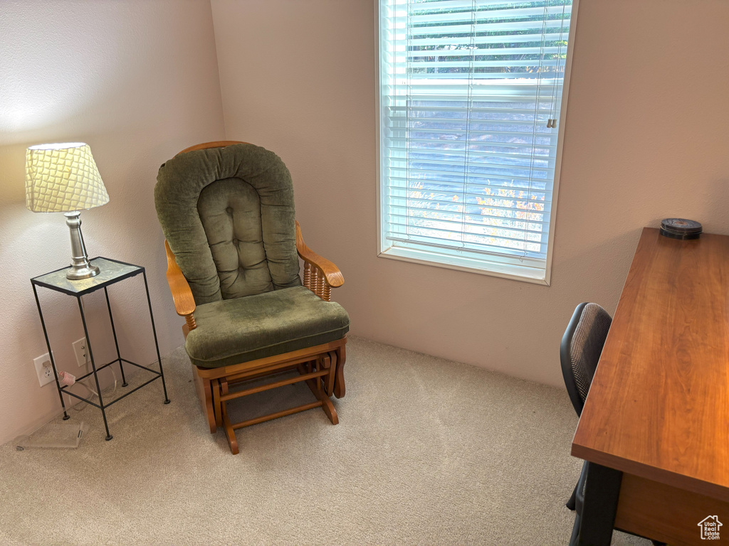 Sitting room with carpet floors and a desk