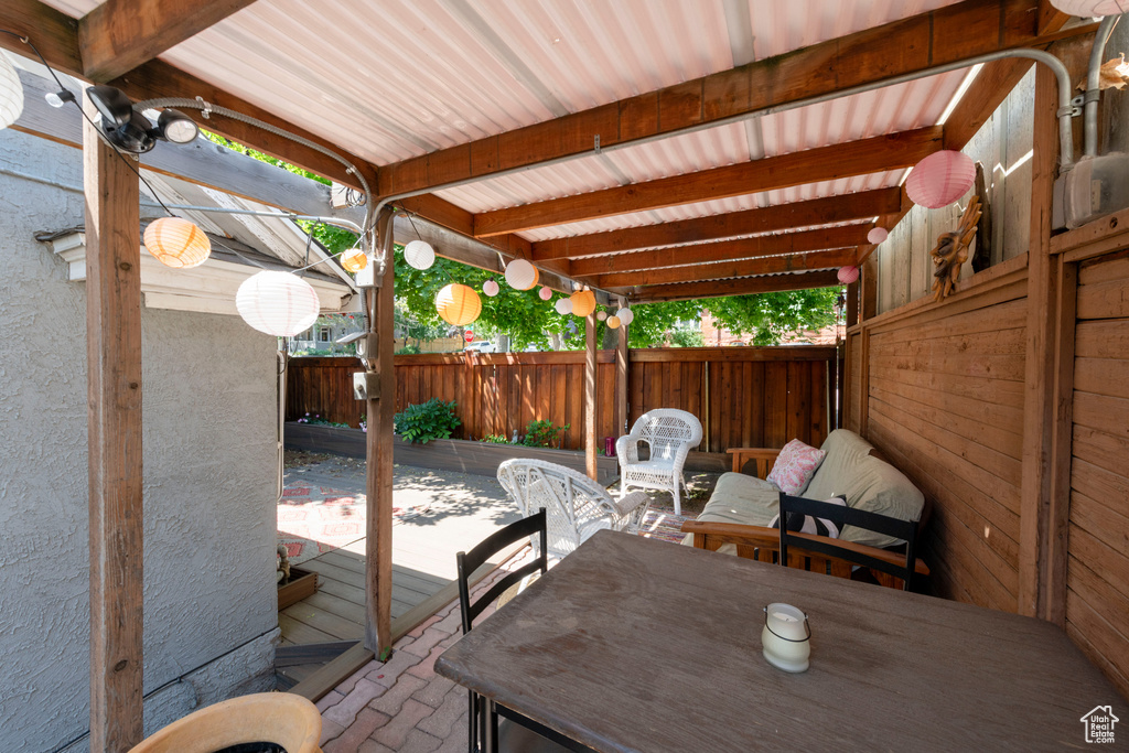 Deck featuring a fenced backyard and a patio