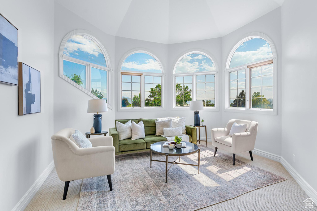 Carpeted living area with high vaulted ceiling and baseboards
