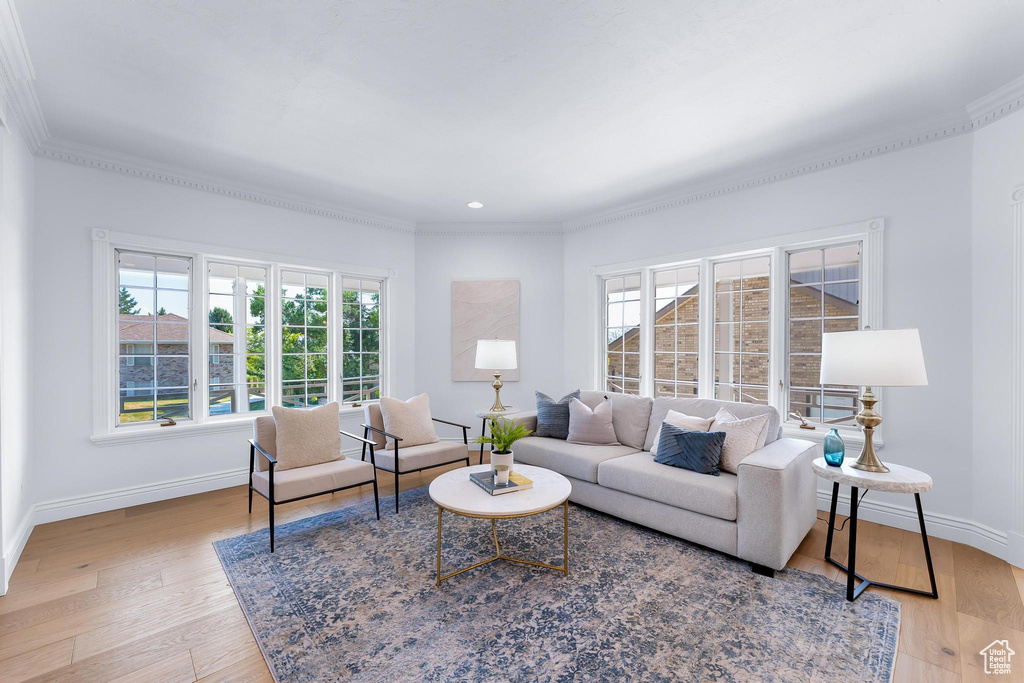 Living area featuring plenty of natural light, baseboards, crown molding, and wood finished floors