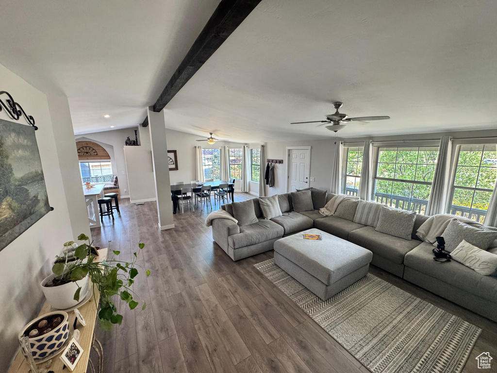 Living area with a ceiling fan, healthy amount of natural light, and wood finished floors