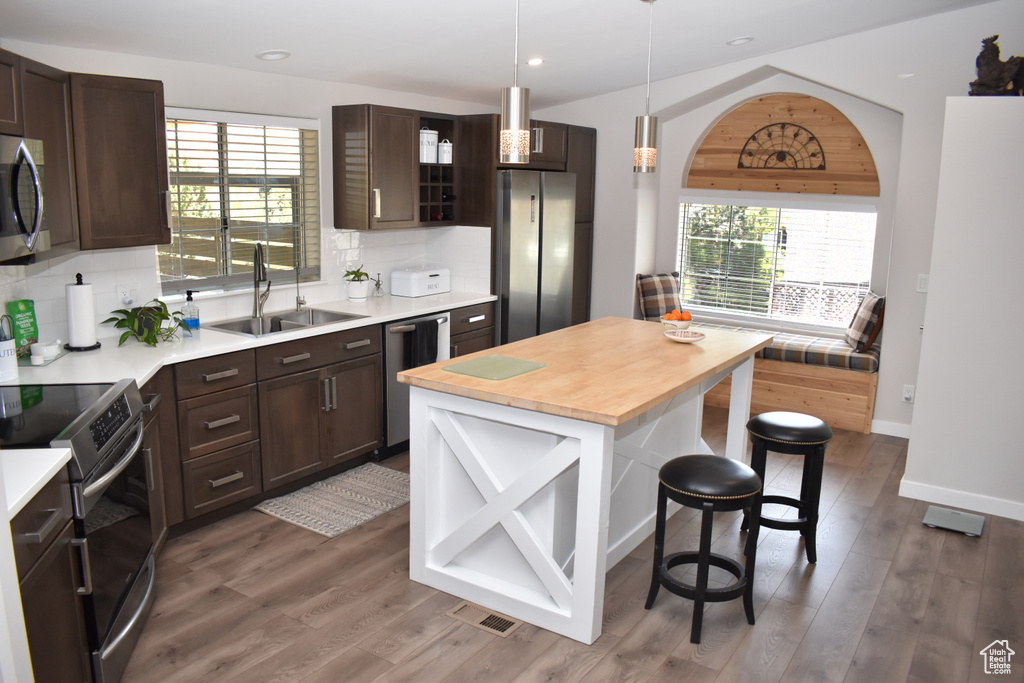 Kitchen featuring appliances with stainless steel finishes, a sink, dark brown cabinets, a kitchen bar, and wood finished floors